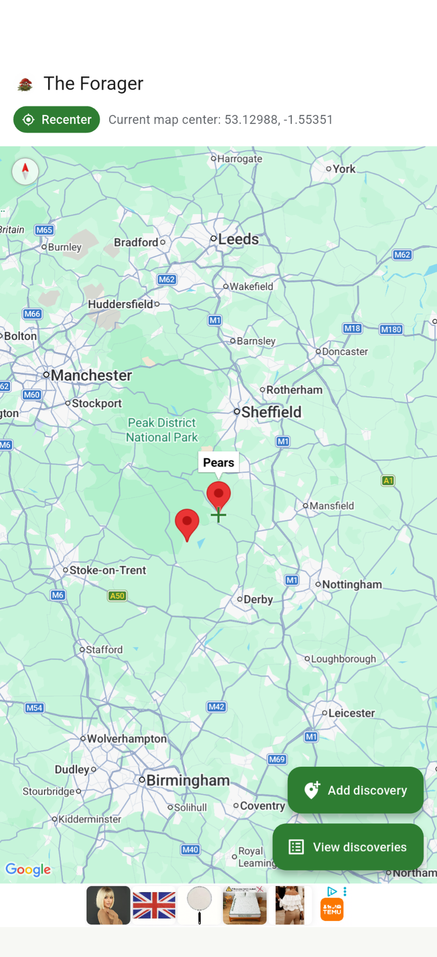 Map view showing discovery pins